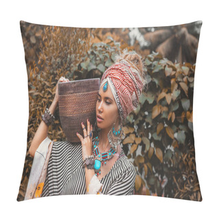 Personality  Close Up Portrait Of Beautiful Stylish Woman Wearing Turban  Pillow Covers
