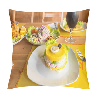 Personality  Peruvian Restaurant Table Full Of Typical Dishes Of The Country Such As Ceviche, Jalea And Lima Cause And A Glass Of Chicha Morada On Yellow Tablecloths Pillow Covers