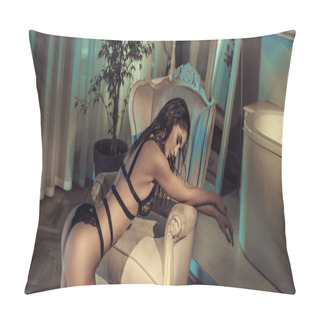 Personality  Sexy Brunette Lady In A Stylish Bathroom Pillow Covers