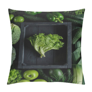 Personality  Top View Of Salad Leaves In Wooden Box Between Green Vegetables, Healthy Eating Concept Pillow Covers