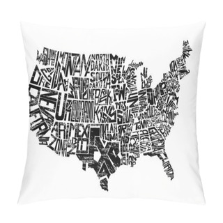 Personality  United States Of America Map Design Isolated On White. Vector Illustration. State Lettering Names Flat Graphic Poster. Abstract Typography USA Territory Art Print With Text, Type And Letters. Pillow Covers