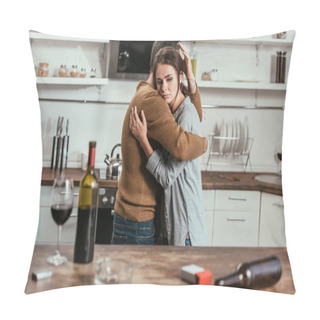 Personality  Selective Focus Of Man Supporting Wife With Alcohol Addiction At Kitchen Pillow Covers