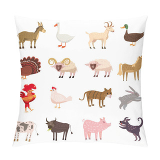 Personality  Farm Animals Cute Set In Cartoon Style Isolated On White Background. Vector Illustration. Cute Cartoon Animals Collection Sheep, Goat, Cow, Donkey, Horse, Pig, Cat, Dog, Duck, Goose, Chicken, Ram, Hen Pillow Covers