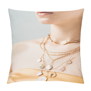 Personality  Cropped View Of Young Woman With Shiny Lips In Golden Necklaces Isolated On Grey Pillow Covers