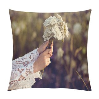 Personality  Women Hands Holding Flowers In A Rural Field Outdoors, Lust For Life, Summerly, Autumn Mood, Boho Style Pillow Covers