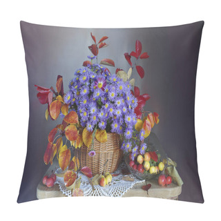 Personality  Still Life With Autumn Leaves And Flowers In A Basket On A Colored Background In The Room. Pillow Covers