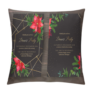 Personality  Christmas Red Poinsettia, Eucalyptus, Fir Branch, Barberry Vector Design Winter Frames On Black Pillow Covers