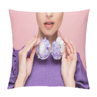 Personality  Partial View Of Woman In Purple Blouse Holding Eyeglasses With Flowers Isolated On Pink Pillow Covers