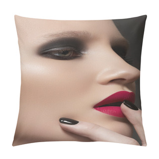 Personality  Beautiful Close-up Portrait Of Fashion Woman Model With Glamour Bright Makeup, Dark Magenta Lipstick, Black Nail Polish. Evening Catwalk Style, Trend Visage And Manicure Pillow Covers