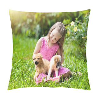 Personality  Kids Play With Puppy. Children And Dog In Garden. Pillow Covers