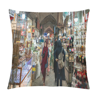 Personality  Isfahan, Iran - May 2019: Grand Bazaar Of Isfahan, Also Known As Bazar Bozorg With Tourists And Local People Shopping, Historical Market Pillow Covers