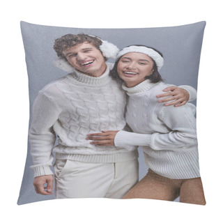 Personality  Excited Interracial Couple In Warm Sweaters Embracing And Laughing Under Falling Snow, Happy Winter Pillow Covers
