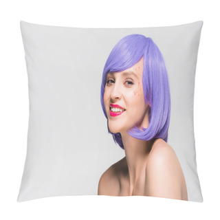 Personality  Beautiful Smiling Naked Girl In Purple Wig Isolated On Grey Pillow Covers