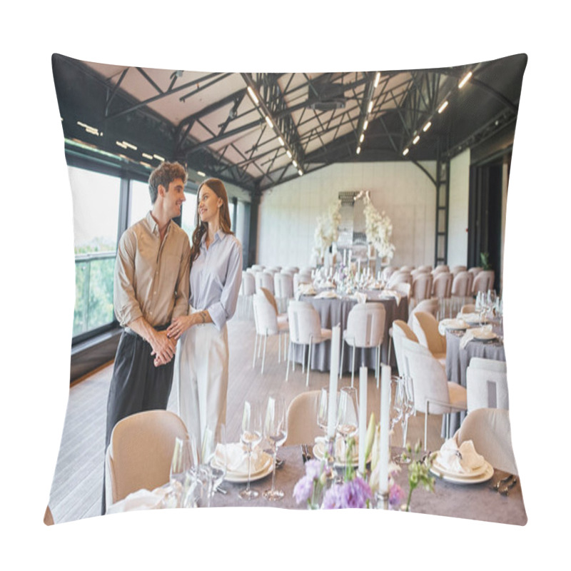 Personality  Happy Couple In Love Looking At Each Other Near Festive Table In Event Hall, Bridal Preparation Pillow Covers