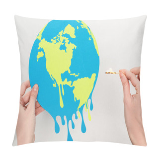 Personality  Cropped View Of Woman Holding Paper Globe And Match With Fire On White, Global Warming Concept Pillow Covers