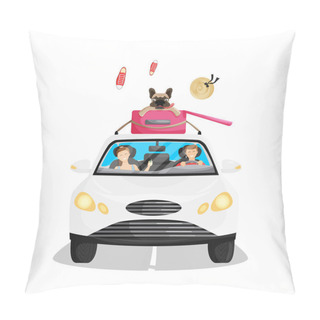 Personality  Vector Illustration Of Happy Family In Road Trip With French Bulldog On Top Of Car. View From Full Face Of Sedan Car. Dog Is Afraid Of Unsafety Journey. Cartoon Flat Design Of Summer Vacation With Pet Pillow Covers