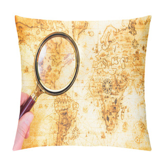 Personality  Old Map And Magnifying Glass In A Hand Pillow Covers