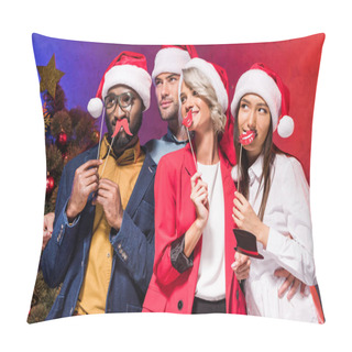 Personality  Multicultural Businesspeople Holding Lips And Glasses On Sticks At New Year Corporate Party And Looking Away Pillow Covers