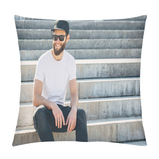 Personality  Hipster Handsome Male Model With Beard  Wearing White Blank  T-s Pillow Covers