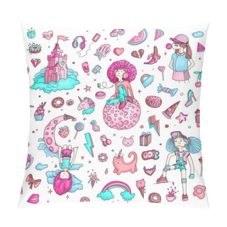 Personality  Colored Set Of Teenage Girl Icons, Cute Cartoon Teen Objects, Fun Stickers Design Vector In Teenager Girls Concept. Doodle Icon Set For Teenagers. Colored Hand Drawn Pizza, Unicorn, Sweets. Pillow Covers