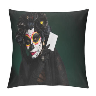 Personality  Woman In Mexican Santa Muerte Costume Holding Card On Dark Green Background  Pillow Covers