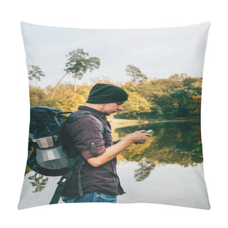 Personality  Side View Of Adult Male Traveller With Backpack On Autumnal Background Pillow Covers