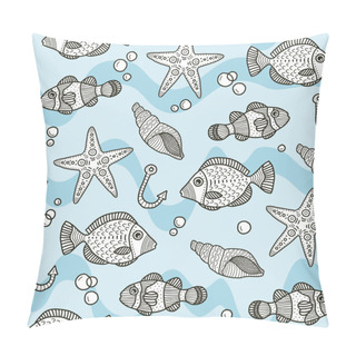 Personality  Vector Underwater Seamless Pattern In Blue. Simple Doodle Seashells And Fish And Bubbles Hand Drawn Made Into Repeat. Pillow Covers