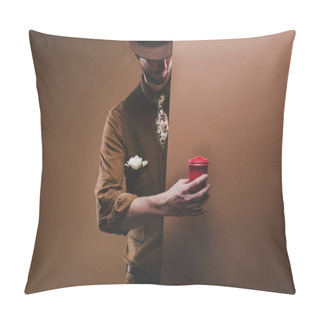 Personality  Stylish Man In Hat Holding Coffee In Red Paper Cup Isolated On Brown Pillow Covers