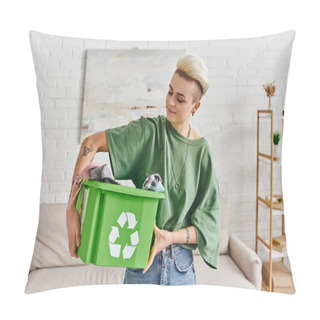 Personality  Social Responsibility, Young And Tattooed Woman Holding Green Recycling Box With Garments In Living Room, Positive Emotion, Sustainable Living And Environmentally Friendly Habits Concept Pillow Covers
