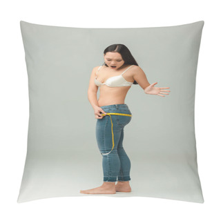Personality  Shocked And Overweight Asian Girl In Bra Measuring Hips On Grey  Pillow Covers