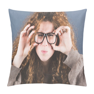 Personality  Nerd Woman On Gray Background Pillow Covers