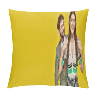 Personality  Happy Woman Pointing At Headphones, Listening Music Near Bearded Man, College Students, Banner Pillow Covers