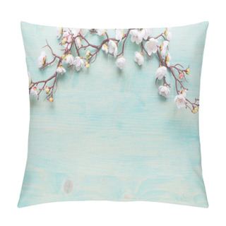 Personality  Abstract Spring Background Of Painted Blue Board With Branch Of Flowering Cherry Branch Covered With White Flowers Pillow Covers