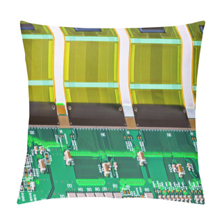 Personality  Electronic Components On Circuit Board With Printed Multi Wire Connections On Bent Flexible Part. Resistors, Capacitors And A Chip On Green PCB In Assembly With Plastic FPC Interface For A LCD Device. Pillow Covers