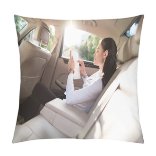 Personality  Woman Using Digital Tablet In Car Pillow Covers