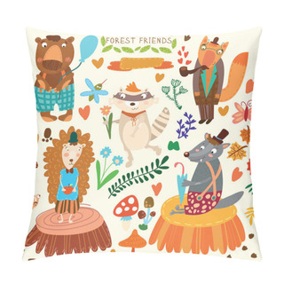 Personality  Vector Set Of Cute Woodland And Forest Animals. Bear, Hedgehog,  Pillow Covers