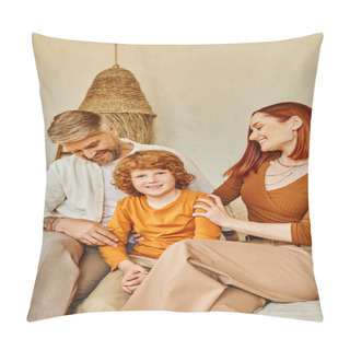 Personality  Smiling Husband And Wife Embracing Redhead Kid While Sitting In Bedroom, Emotional Connection Pillow Covers