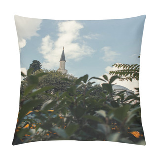 Personality  Roof And Column Of Mihrimah Sultan Mosque And Plant On Blurred Foreground, Istanbul, Turkey  Pillow Covers