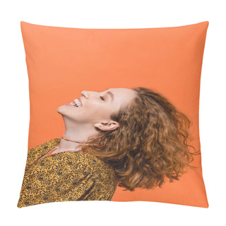 Personality  Smiling Young Red Haired Woman In Necklaces And Blouse With Modern Abstract Print Having Fun And Standing Isolated On Orange, Stylish Casual Outfit And Summer Vibes Concept, Youth Culture Pillow Covers