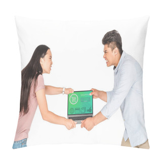 Personality  Irritated Asian Man And Woman Holding Laptop With Shopping Website On Screen Isolated On White Pillow Covers