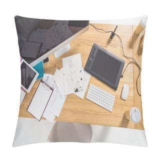 Personality  Work Place Of Designer With Illustrations And Computer Pillow Covers