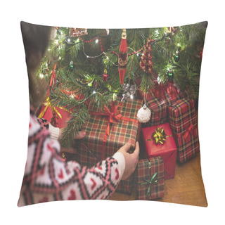 Personality  Woman Putting Gift Box Under Christmas Tree. Presents For Family.  Pillow Covers