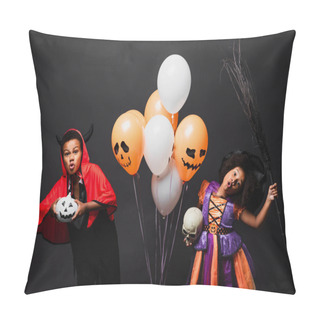 Personality  African American Children In Halloween Costumes Holding Skull And Pumpkin Near Balloons Isolated On Black  Pillow Covers