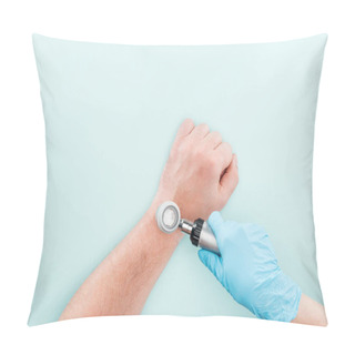 Personality  Cropped View Of Doctor Examining Hand Of Man With Dermatoscope Isolated On Blue Pillow Covers