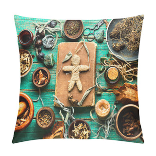 Personality  Voodoo Doll,magical Herbs And Witchcraft Attributes On An Old Table Pillow Covers