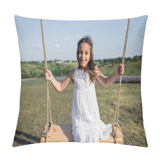 Personality  Excited Girl In Summer Dress Riding Swing In Meadow Pillow Covers