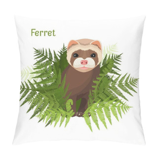 Personality  Ferret In Green Leaves Of Fern, Polecat Cute Friendly Animal Pillow Covers