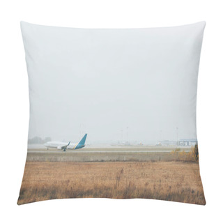 Personality  Flight Departure Of Plane On Airport Runway With Cloudy Sky Pillow Covers