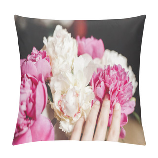 Personality  Hand Holding Beautiful Pink And White Peonies Petals Bouquet In  Pillow Covers