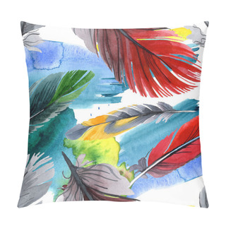 Personality  Colorful Bird Feather From Wing Isolated. Watercolour Drawing Fashion Aquarelle. Fabric Wallpaper Print Texture. Pillow Covers